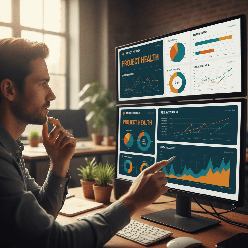 Consultant analyzing portfolio performance dashboards on multiple monitors