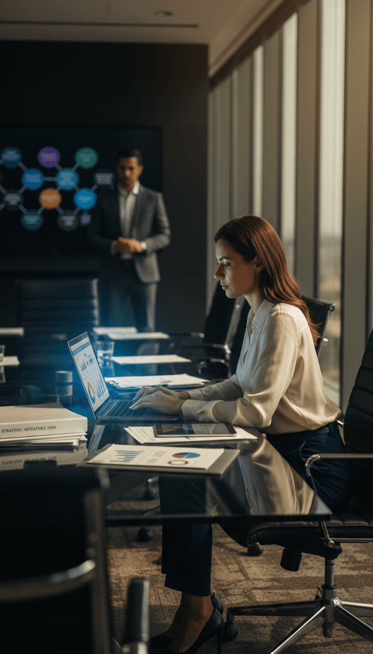 PMO director reviewing financial dashboards and project portfolios in a modern boardroom