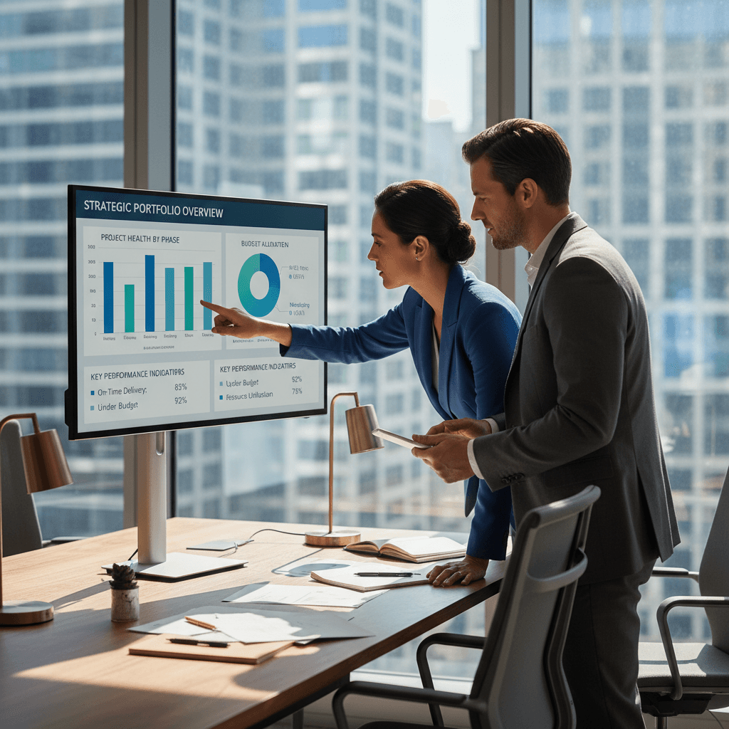PMO consultants reviewing portfolio management dashboard