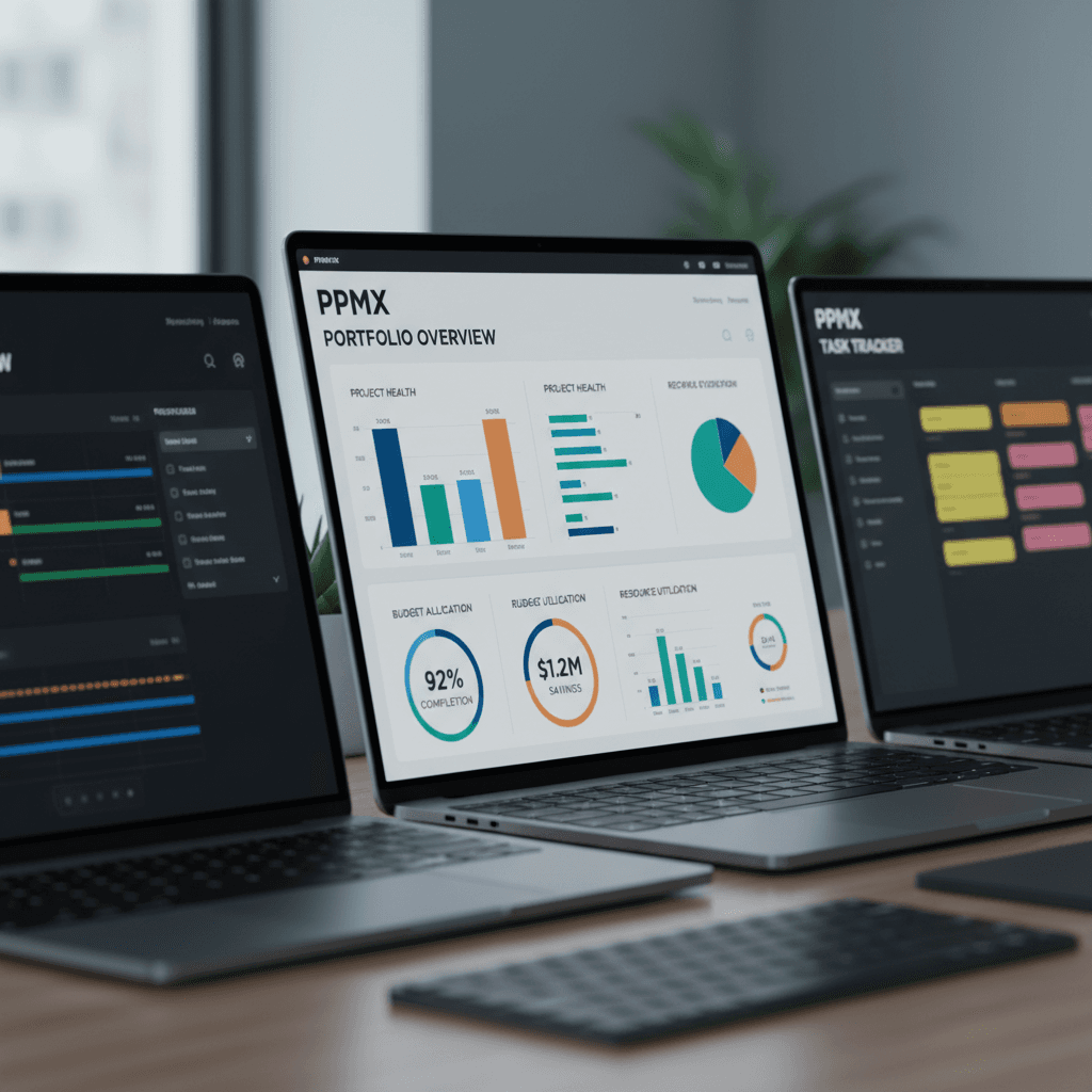 Multiple project management platform dashboards displayed on screens