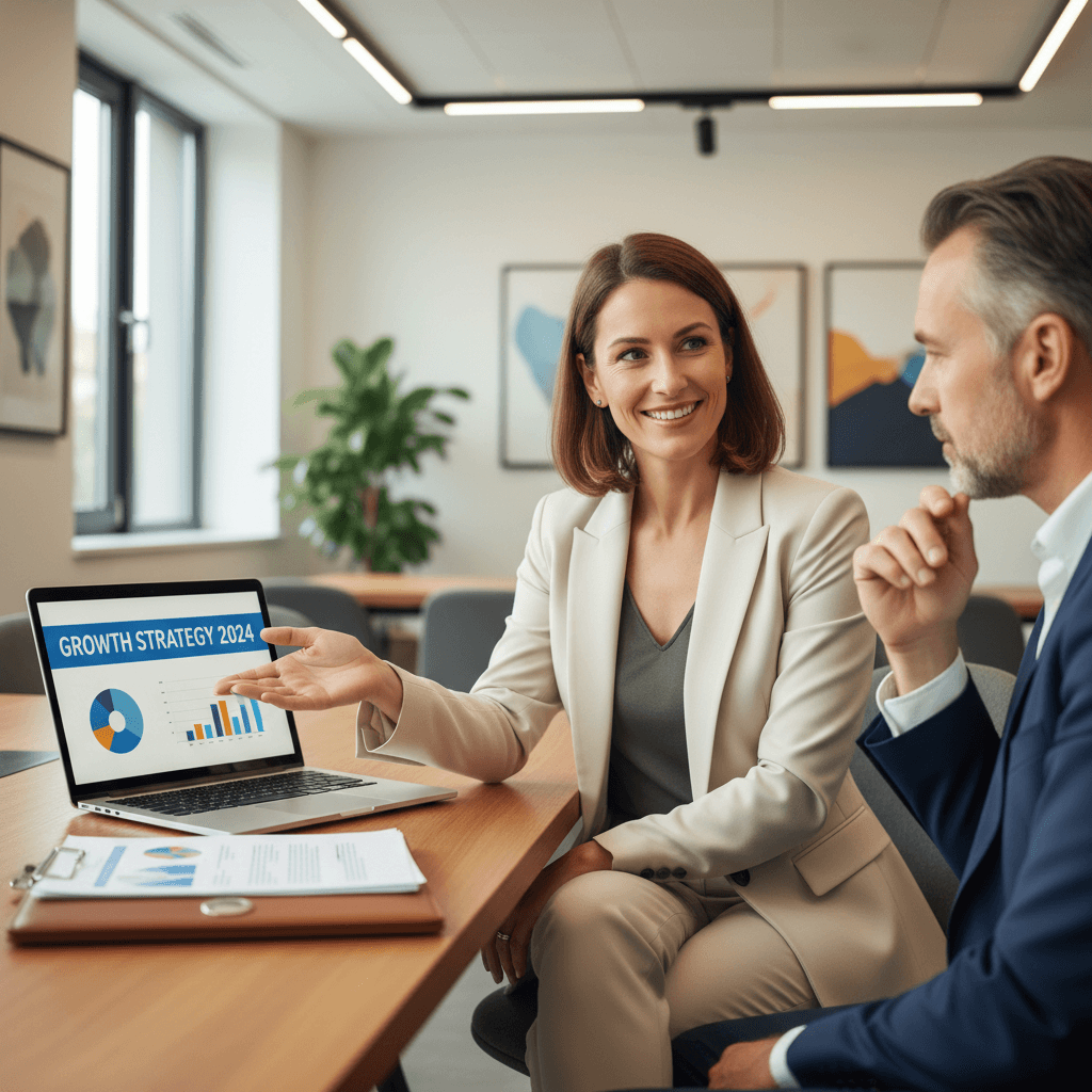 Partner business development manager presenting to a prospective client