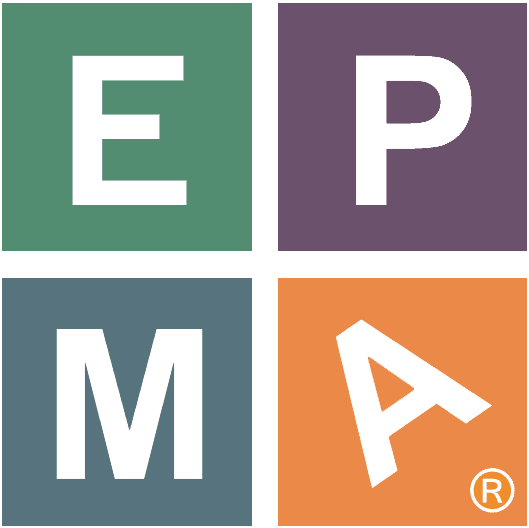 Green, purple, blue, and orange squares with white letters E, P, M, and tilted A.