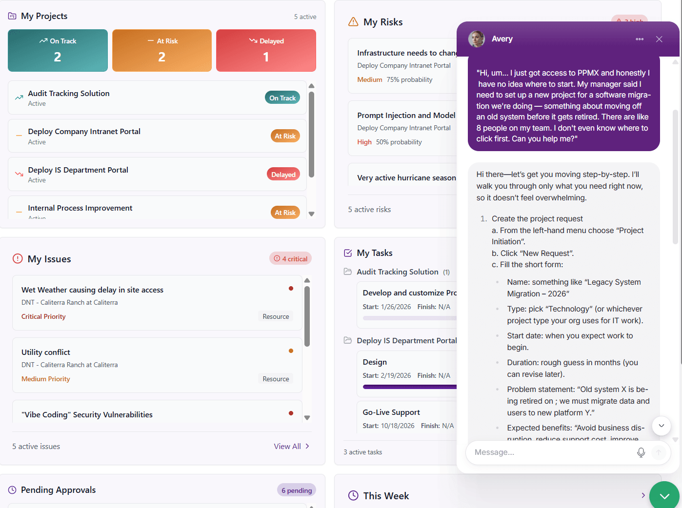 Project management dashboard displaying project statuses and an AI chat assistant providing helpful project instructions.