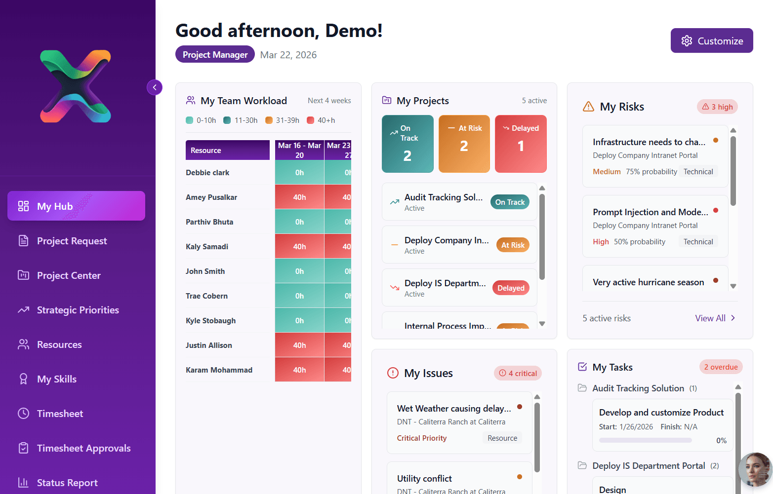 Project management dashboard showing team workload, project status, risks, issues, and tasks with purple sidebar.