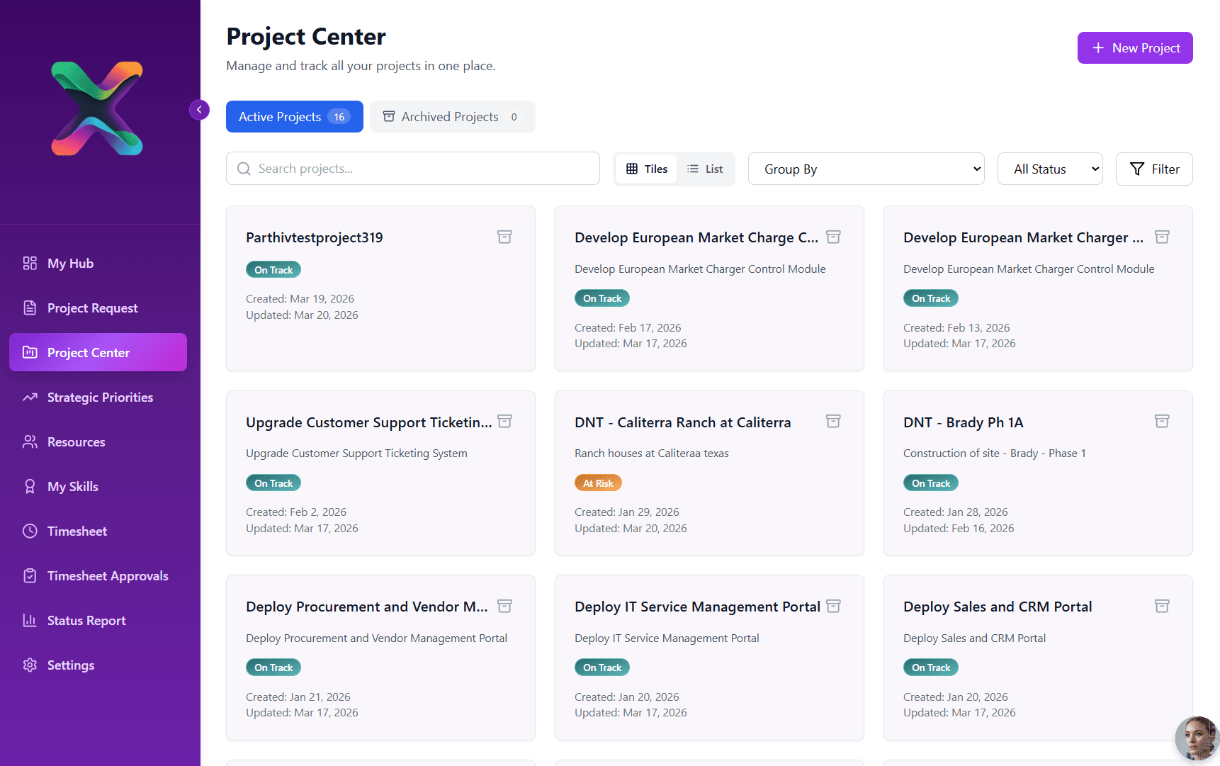 Project Center dashboard showing active projects in a grid with status labels and navigation sidebar.