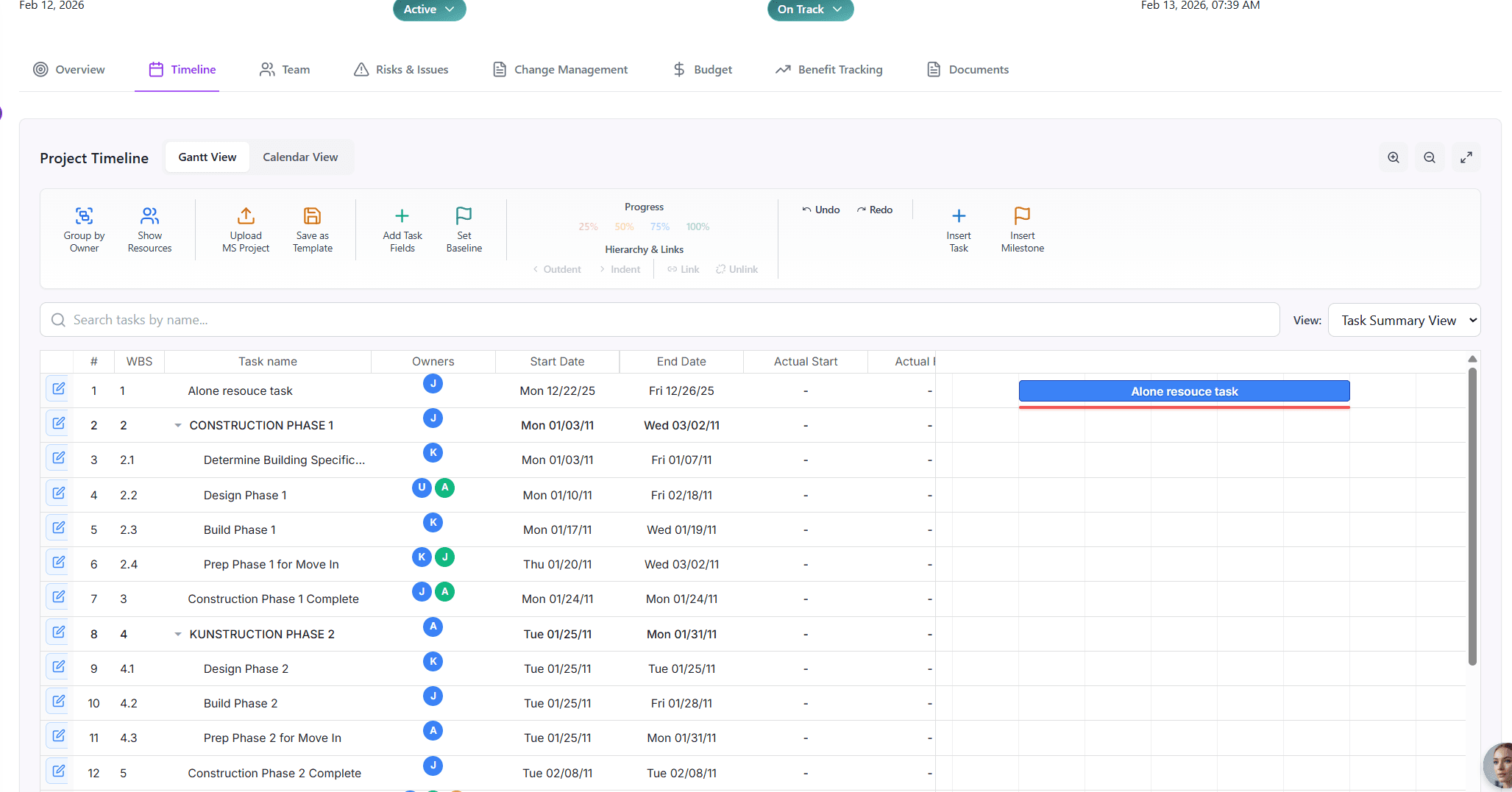 Project management software interface displaying a construction timeline with task details and a Gantt chart.