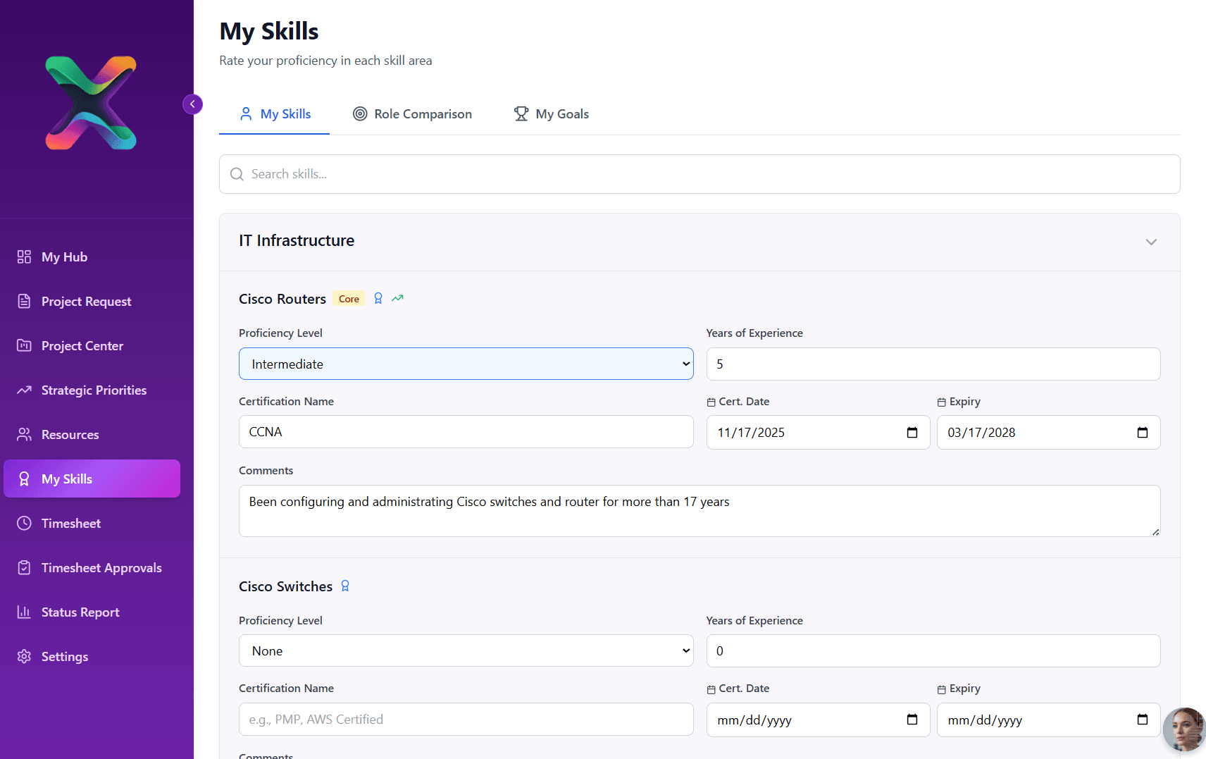 "My Skills" dashboard showing proficiency levels, experience, and certification details for IT infrastructure skills.