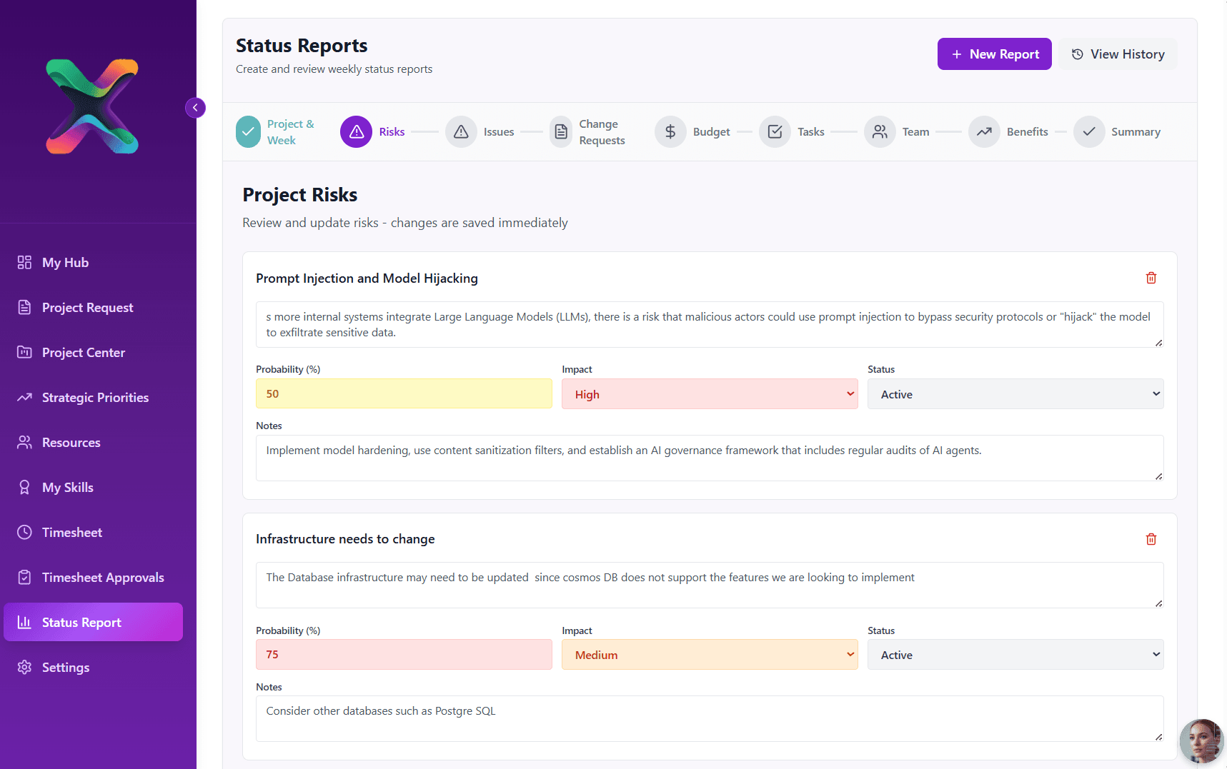Dashboard interface for project status reports detailing risks like model hijacking and infrastructure changes.