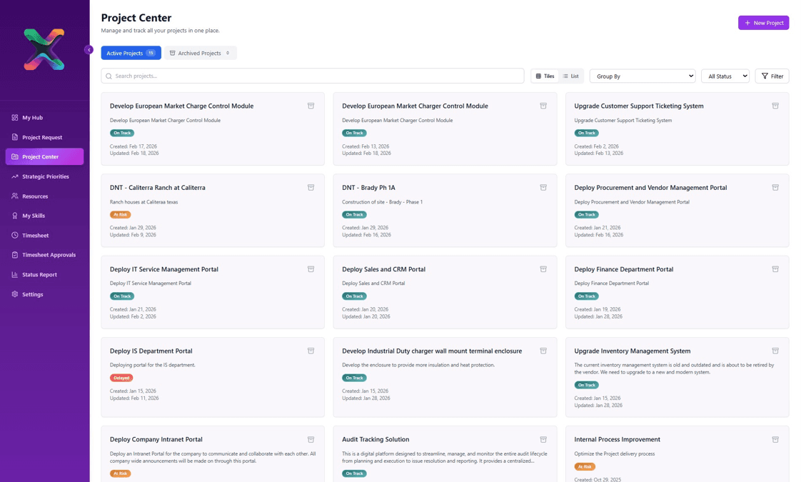 Project management dashboard displaying a grid of project cards with status badges and navigation sidebar.